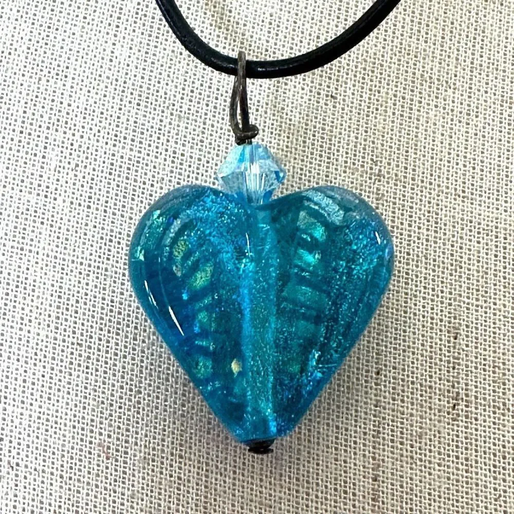 Blue glass heart pendant necklace sterling silver clasp on cord